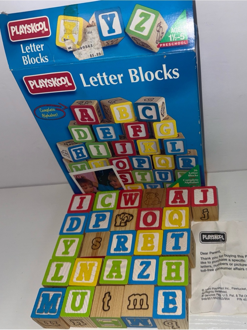 Complete 1994 Playskool Letter Blocks Wood Block Set of 26 w/ Box Model 953